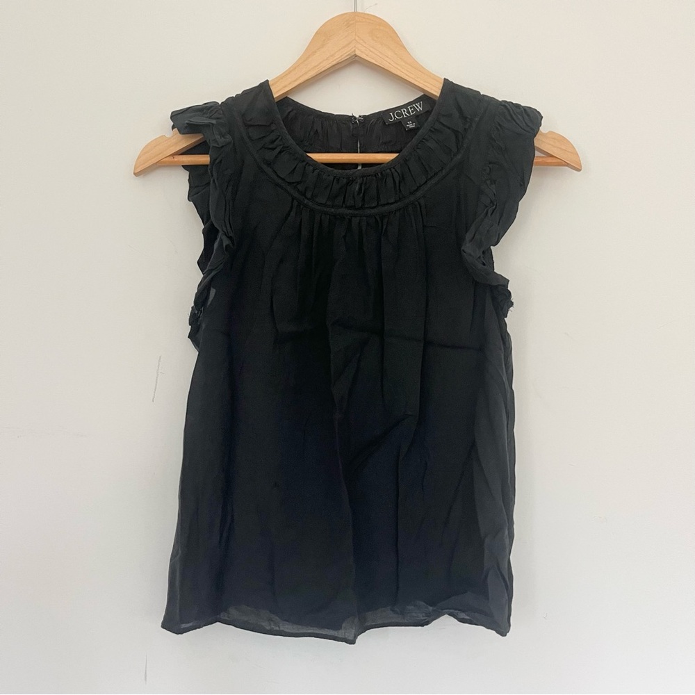 J. Crew Women's Black Ruffle Short Sleeve Top Blouse Semi Sheer XS